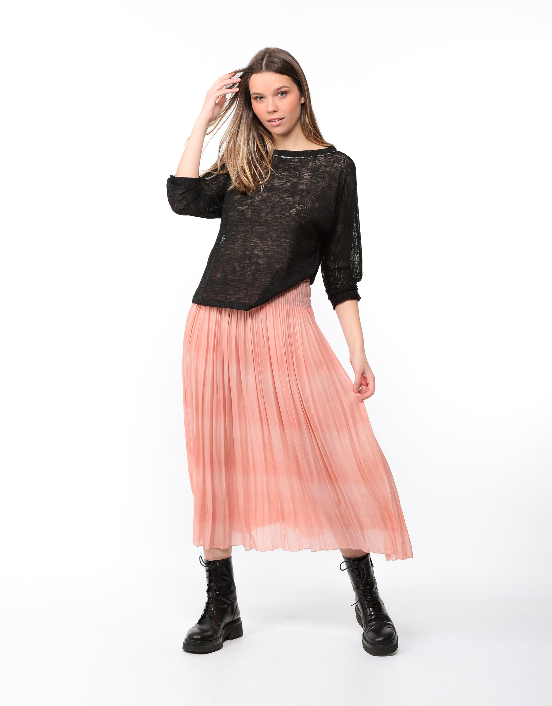 Fluid pleated basque skirt in silk and viscose gradient salmon 